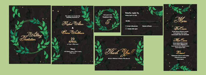 Wall Mural - Wedding Invitation Card Suite Decorated with Leaves Wreath on Pale Green Background.