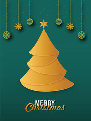 Sticker - Golden Paper Cut Xmas Tree with Hanging Baubles and Snowflakes Decorated on Teal Background for Merry Christmas.