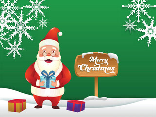 Sticker - Merry Christmas Sign Board with Cartoon Santa Claus Holding Gift Box and Paper Cut Snowflakes on Green Snowy Background.