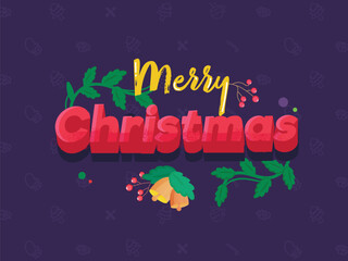 Canvas Print - Yellow and Red Merry Christmas Text with Jingle Bell, Berries and Leaf Vine on Purple Background.