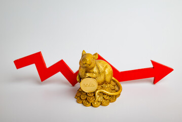 A figurine of a mouse with a gold coin and chart. Concept of unstable currency exchange rates and precious metals price