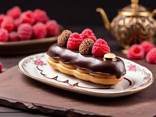 Chocolate eclair served with raspberry on a beautiful plate. French desserts, fancy cafe and breakfast concept. 