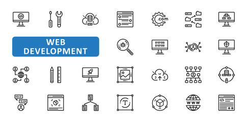 Web Development icon set. SEO, developer, coding, code, website, programming, programmer, html, design, data, server, icons. Editable stroke thin line outline icon collection. Vector illustration