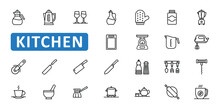 Kitchen Icon Set. Appliance, Utensil, Cooking, Cook, Knife, Tools, Kettle, Blender, Mug, Jug, Icons. Editable Stroke Thin Line Outline Icon Collection. Vector Illustration