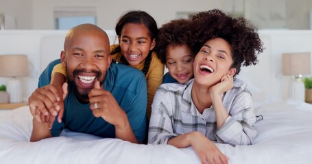 Poster - Face, happy family and children with parents in bedroom, funny laugh or bonding together. African mother, father and kids in bed to relax, smile in portrait or interracial love in the morning in home