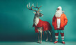 Reindeer and Santa Claus posing, wearing casual style of clothes. Fun creative concept.