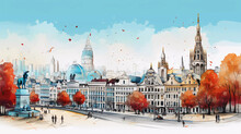 Drawing Of Brussels With Landmark And Popular For Tourist Attractions