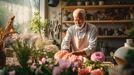 Wall Mural - Portrait of a mature man, business owner, 50, 60, 70 years old in a small flower shop, works as a florist, makes bouquets. Concept of retirees returning back to work, elderly employees, Unretirement