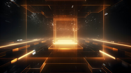 Poster - Futuristic golden digital space with floating geometric cubes and an infinite perspective.