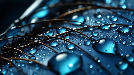 Wall Mural - CLOSEUP OF A WET LEAF WITH BLUE WATER DROPS