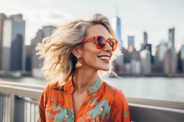 Wall Mural - Portrait of a smiling woman in her 40s wearing a trendy sunglasses against a vibrant city skyline. AI Generation