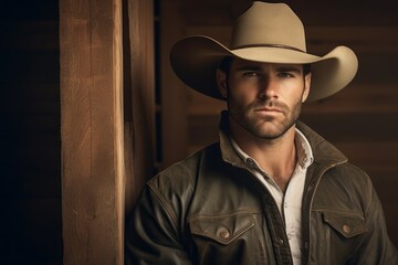 Wall Mural - Portrait of a satisfied man in his 30s wearing a rugged cowboy hat against a rustic wooden wall. AI Generation