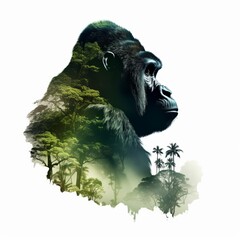 Wall Mural - Portrait of a gorilla head with green lush tropical forest, double exposure, isolated on white background. Generative AI