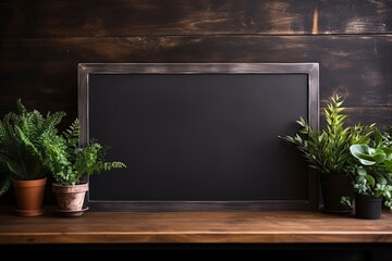 A rustic rectangle blackboard, framed in wood, stands alone in a garden, its empty surface awaiting creative expression. Generative AI.