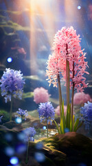 Wall Mural - Blooming spring hyacinths flowers plant with rain drops in magical garden, seasonal background, generative ai