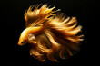 Shimmering gold Betta fish with long, flowing fins against a black background. isolated