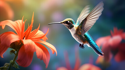 Wall Mural - Hummingbird and bright summer tropical flowers on  background of blue foliage in a fairy garden. Macro artistic illustration, colorful wallpaper, generative ai