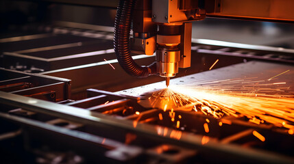 Industrial laser cutting processing manufacture technology of flat sheet metal steel material with sparks, generative ai