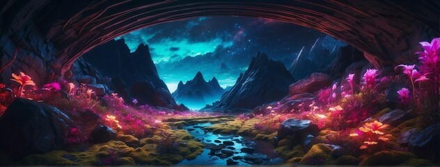 Wall Mural - Wide angle shot of a cave with a stream of water and bioluminescent plants in it. Fantastic night extraterrestrial landscape.