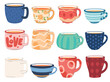 A collection of various modern cups decorated with design elements. Set of colored mugs with coffee tea. Cute trendy drinkware with handle. Vector illustration