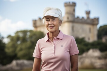 Poster - Portrait of a content woman in her 70s wearing a breathable golf polo against a historic castle backdrop. AI Generation