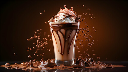 Wall Mural - Chocolate dessert, cold milkshake splash on dark studio background. Explosion of flavor. White cream on the top. Dessert poster idea. Generative AI.