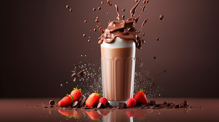 Wall Mural - Chocolate dessert, cold milkshake splash on dark studio background. Explosion of flavor. White cream on the top. Dessert poster idea. Generative AI.