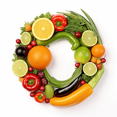 Wall Mural - Fruit and vegetable alphabet on a white background, Letter O