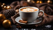 Cup of coffee with christmas decorations on dark background. Christmas and New Year concept.