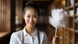 Thai maid in housekeeper uniform with feather broom for cleaning the room