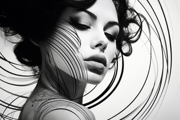 Wall Mural - Beauty, fashion, make-up and art concept. Beautiful woman portrait sketch style drawing. Model face drawn with black ink lines style. Black and white illustration