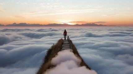 Wall Mural - Surreal person in the misty pier at sunset created with Generative AI technology