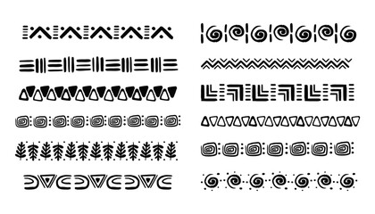 Set african tribal motive border in doodle hand drawn style from geometrical shapes isolated on white background. boho scandinavian srtoke, traditional native decor.