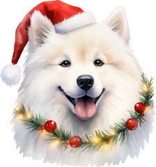 Aufkleber - Christmas samoyed in santa hat wrapped in christmas lights created with Generative AI technology