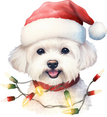 Aufkleber - Christmas bichon frise in santa hat wrapped in christmas lights created with Generative AI technology