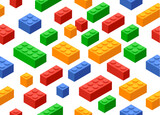Fototapeta Londyn - Block toy brick building icon seamless background. Isometric vector brick toy plastic set cube