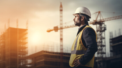 Engineer controls construction site and sunrise