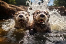 Close-up Shot Of A Pair Of River Otters Swimming In The Water