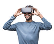 © kite_rin - Young man using virtual reality headset isolated in transparent PNG, VR, future gadgets, technology, virtual event, video game concept