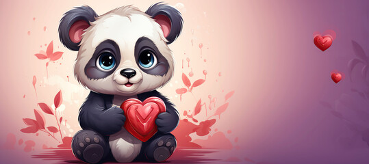 Wall Mural - cute cartoon character panda with a red heart on a festive isolated background with copy space. Template for a Valentine's Day greeting card