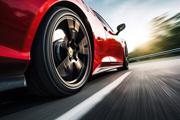 Wall Mural - car driving on the road, Close-up of wheel of fast sports car on highway, high speed auto in motion blur,Close-up photos wheel sport