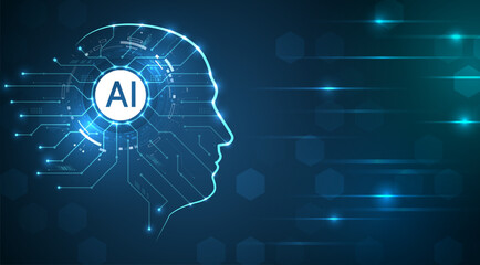 The abstract face of artificial intelligence. Digital brain, vector software digital code. Network interpretation. Head silhouette with particles on a dark blue background, data analysis, data science