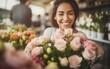 young beautiful woman selling flowers in a flower shop