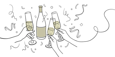 Continuous line yellow champagne cheers one line art, continuous drawing contour on white background. 3 Wine glasses with drinks. Cheers toast festive decoration for holidays. Vector illustration