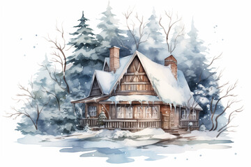 Wall Mural - Watercolor winter house on a transparent background, Christmas illustration