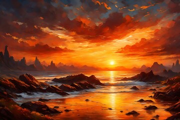 Wall Mural - a detailed hd image portraying the majestic allure of a sunset, casting a golden glow across the sky