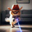  cat chasing a laser pointer while wearing a cowboy hat