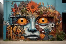 A Mural Of A Face With Flowers And Plants On The Side Of A Building
