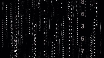 Abstract loop blurred falling white random digital number text matrix style on black background animation. Isolated with alpha channel Quicktime Prores 444 encode