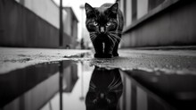 A Black Cat Walking On A Puddle